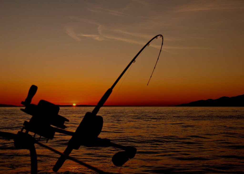 Silhouette of a fishing rod bending over the calm ocean waters at sunset, creating a serene scene near The Beach House at Saratoga